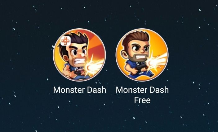 Left: Monster Dash (original app, 2010 original, Halfbrick+)
Right: Monster Dash Free (new app, 2020 remaster, Free with ads and microtransactions)