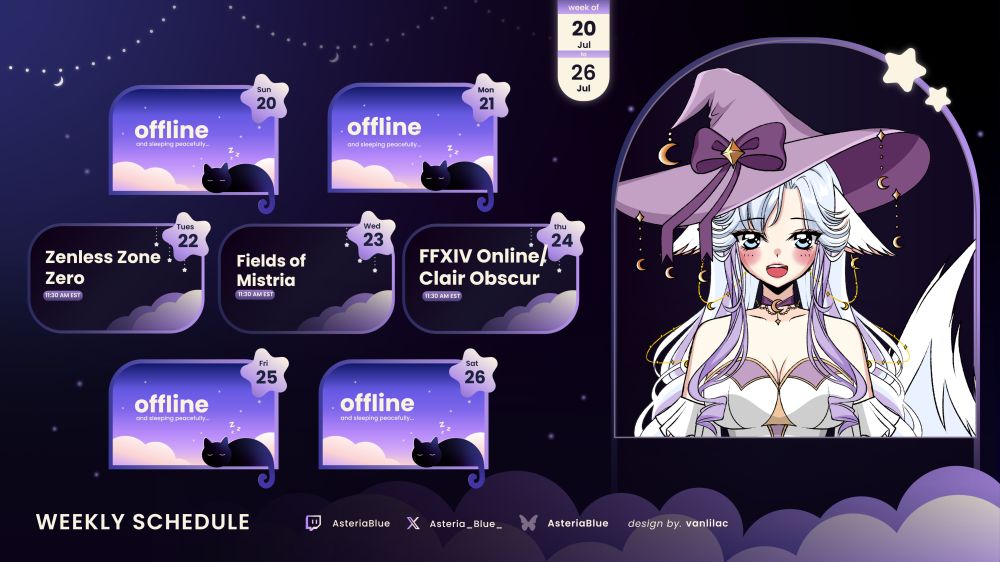 Asteria's Stream Schedule. It is a dark purple and lightly starry background with clouds along the bottom. On the right, is a portrait with Asteria's Vtuber model in it. Each days of the week are in rounded off squares with stars in the corner with the dates. Off Days have cats snoozing while stream days have the game and time listed with clouds in the corner.
