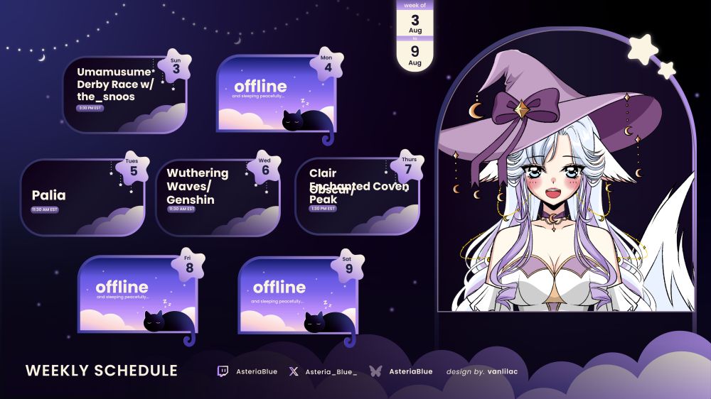 Asteria's Stream Schedule. It is a dark purple and lightly starry background with clouds along the bottom. On the right, is a portrait with Asteria's Vtuber model in it. Each days of the week are in rounded off squares with stars in the corner with the dates. Off Days have cats snoozing while stream days have the game and time listed with clouds in the corner.
