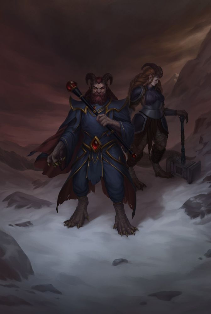 An art of two half-dragons half-dwarves standing in the cold snowy mountains. One is a mage, who holds a ruby-encrusted scepter, wearing a flowing blue robe with gold accents, encrusted with the same rubies. The other is a warrior, a female with giant ginger braids, wearing plate armour, wielding a giant war hammer