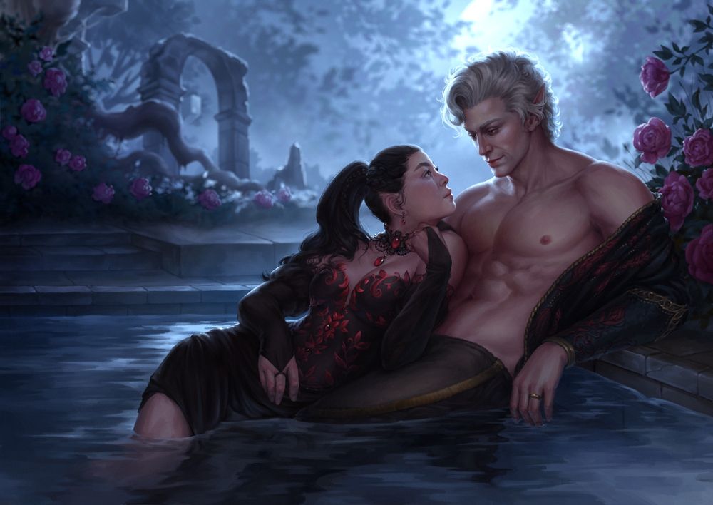 A moonlit illustration of Astarion from Baldur's Gate 3 and a woman. They're laying down on the pool stairs half-submerged in water, surrounded by ruins and rose bushes all around. The woman is wearing a black dress with red floral ornaments, her hair is tied into a ponytail with braids. Astarion is wearing a black shirt with red dragon ornaments, unbuttoned, showing his torso. They both look into each other's eyes.