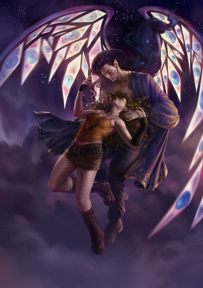 An Illustration of two people: a male with long flowing black hair, melting into starry mist on the ends, with crystal wings spanning out of his back, each crystal containing an eye, looking at the woman he's holding, same as him. He is wearing a blue robe with golden floral patterns at the ends, dark blue jeans and brown shoes. He is floating in the astral mist, looking down at the light-haired woman with long wavy hair, floating near his chest, his hands reaching out to her in a gentle embrace. The woman is looking up to him, holding his hand with one of hers, and reaching for his face with the other. She is wearing an orange top with a dog and cat print, a brown jeans mini-skirt, fishnets and high brown boots. Their gazes locked onto each other in a loving manner.