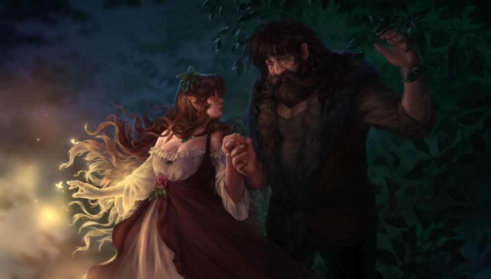 An illustration of a dwarf Boru and a halfling godess Leanna. Boru is wearing brown rugged jacket with semi-open front, brown fur on th eedges of it, brown shirt underneath. His hair and beard are very long and messy. Leanna, on the other hand, is wearing a very beautiful, elegant red and pearl dress, her long, silky red hair flowing in the wind, some leaves in them. They are standing on the edge of the dark forest in gloomy light, while Boru moves the leaves out of the way with one hand and holds Leanna's hand for support in the other, as she's about to pass to the immortal realm, starting to dissolve into golden light and butterflies. They look at each other with confused and longing faces, realising their uncertain feelings.
