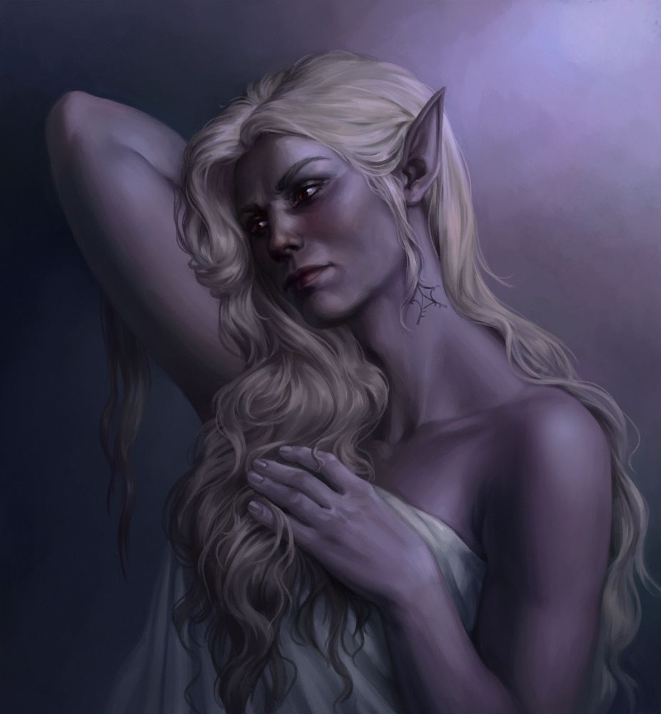 An illustration of Minthara from Baldur's Gate 3: a drow with light hair. Her usual hair bun is untied, her hair gently falling down her shoulders and chest in waves, while she's looking to the left of the frame, her gaze stern yet calm. Her right hand behind her head, touching her back, while she holds a blanket with her other hand, covering her body.