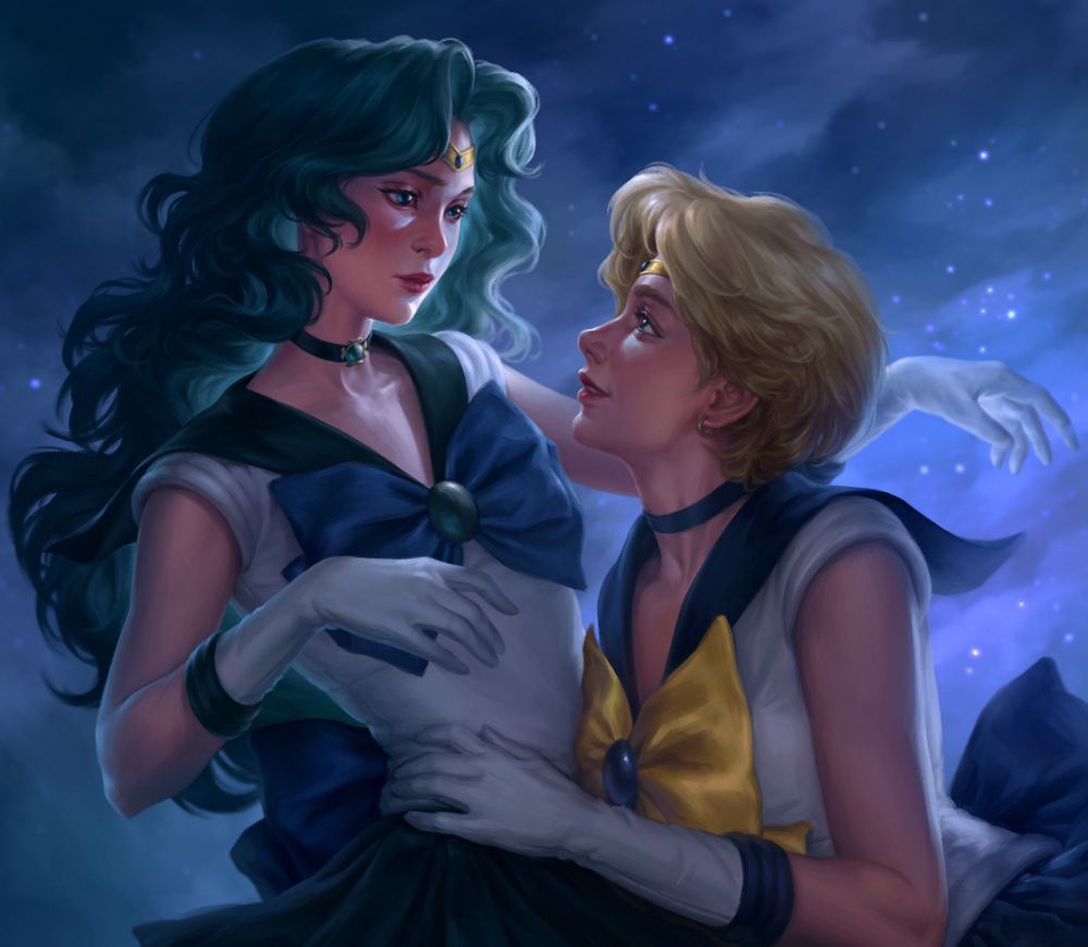 Sailor Moon fanart. Sailor Neptune and Sailor Uranus flow through glimmering space surrounded by mist, while Sailor Uranus holds Sailor Neptune by the waist, both gazing into each others eyes