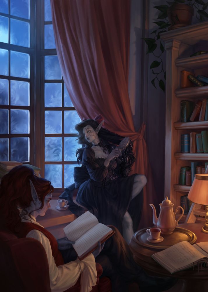 An illustration of two grey-skinned elves in a room. The male sits in an armchair, wearing a white victorian shirt with a red vest, his long red hair in a ponytail, reading a book. Near him a small table with a porcelain teapot and a filled teacup. In the background, a woman in a flowy black dress sits on a windowsill, combing her long black hair, trying to peek inside the man's book.