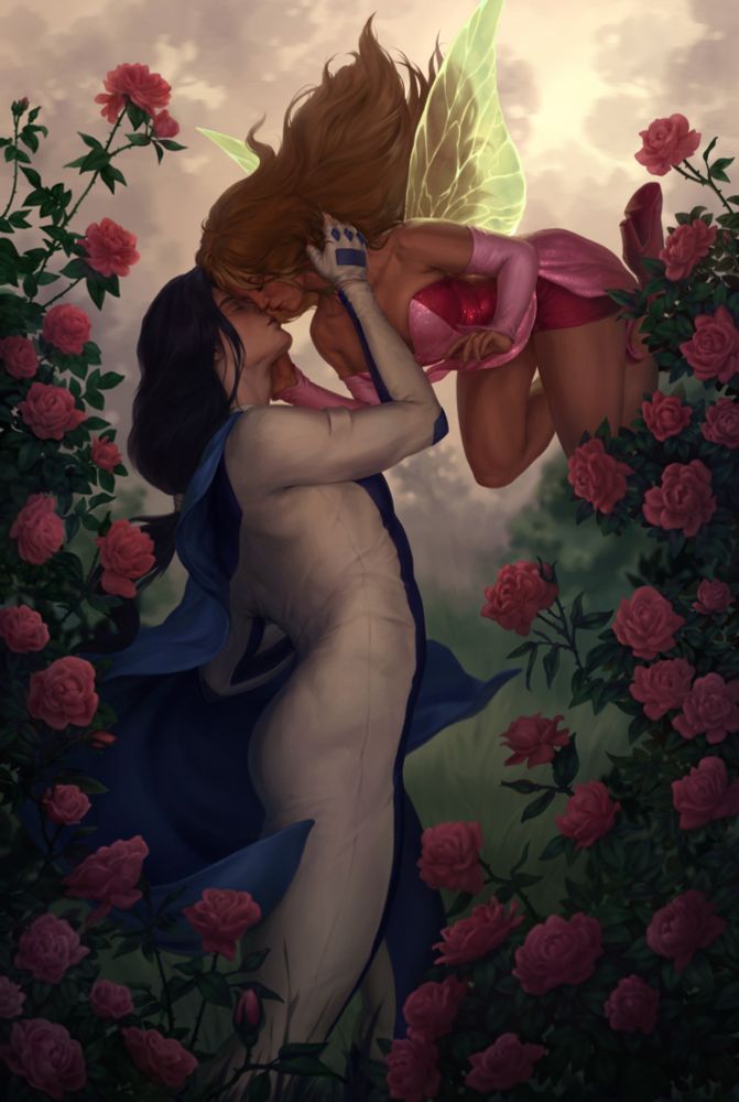 A fanart of Winx's Flora and Helia. Helia is wearing his suit with a flowing blue cape, and Flora is in her basic transformation with glowing green wings and sparkling pink dress. They stand amongst the large amount of rose bushes, while Flora floats on the Helia's face level, kissing