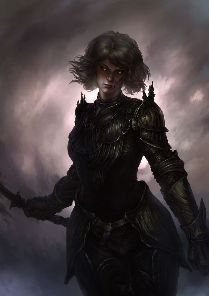 An illustration of a warrior woman, an OC from Elden Ring, standing amidst dusk-colored fog. She is wearing a set of black armour with a lot of ridges and sharp decorative elements, called the armor of night, and she is wearing chainmail under her chestpiece. She has short blond hair flowing in the wind, her eyes glowing golden, and a big burn scar on her left cheek. She is also holding a shadow-infused katana, leaving black mist in its trail.