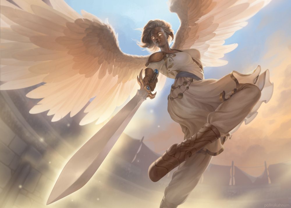An art of an angel flying above the viewer inside the medieval desert arena, dressed in a greek-like battle dress, with bronze colored pauldrons and boots. She gazes with glowing gold eyes and points a sword onto the viewer