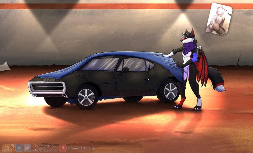 Concept art of my sona Jardic and his car Noir. Made by CluelesslyFruity.