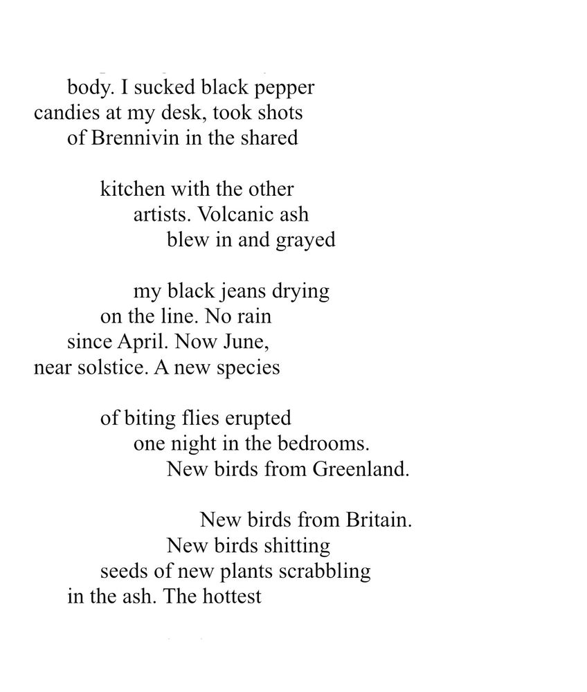 body. I sucked black pepper candies at my desk, took shots of Brennivin in the shared kitchen with the other artists. Volcanic ash blew in and grayed my black jeans drying on the line. No rain since April. Now June, near solstice. A new species of biting flies erupted one night in the bedrooms. New birds from Greenland. New birds from Britain. New birds shitting seeds of new plants scrabbling in the ash. The hottest