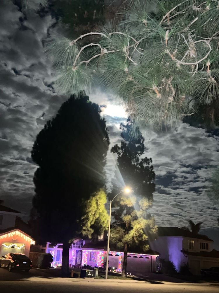 Night sky with clouds lit by bright moon plus Christmas lights on houses. 