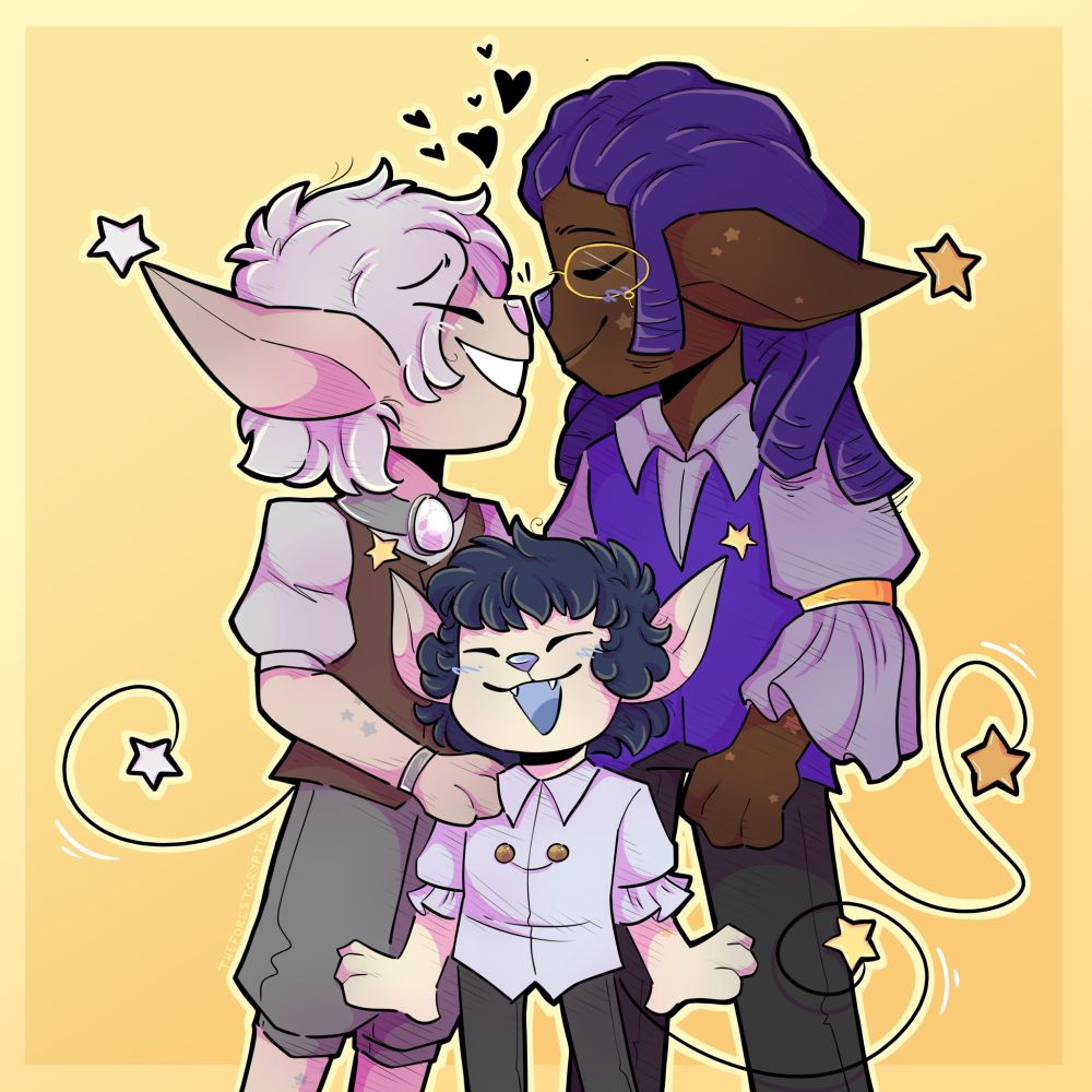 Saturn and Lunaris leaning into each other affectionately, meanwhile a young Pluto smiles happily in front of them