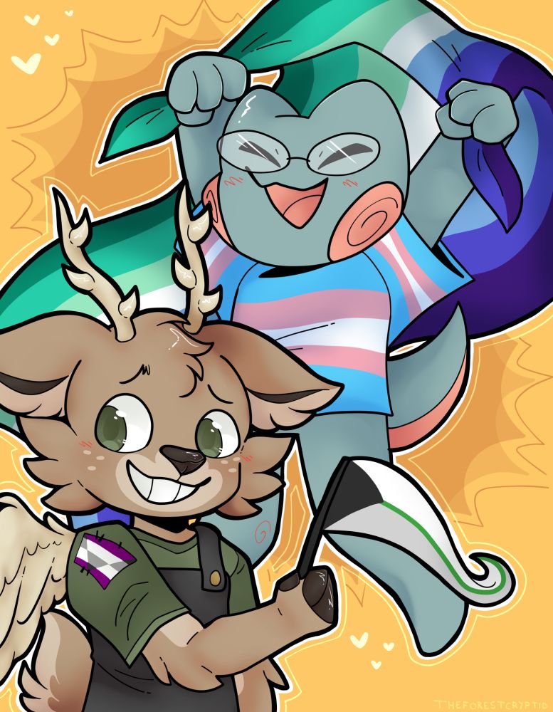 My two sonas, Wibbit and Forest. Wibbit wears a transgender shirt and holds a gay flag, while Forest has an aegosexual patch sewn to his shirt and waves a demiaro flag