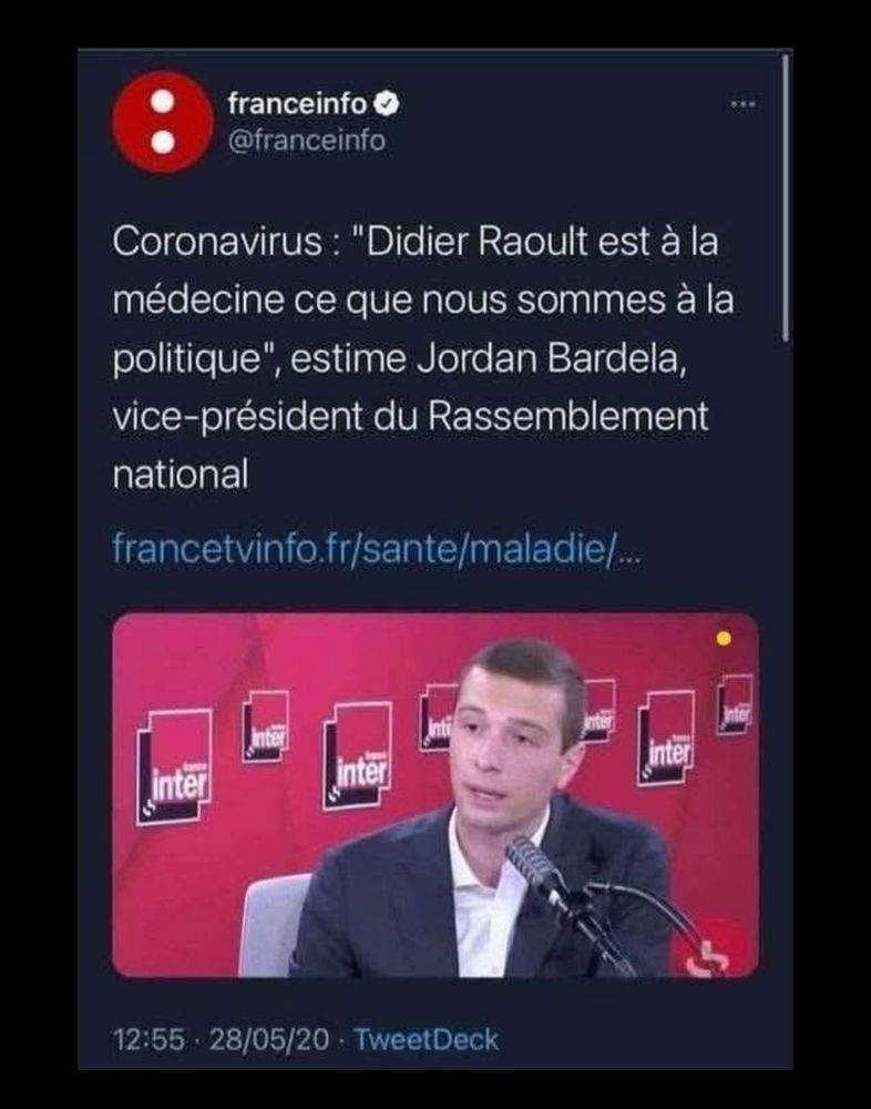 Le petit facho de Bardella qui explique chez France Inter en 2020 que le RN est à la politique ce que "Didier Raout est à la médecine".