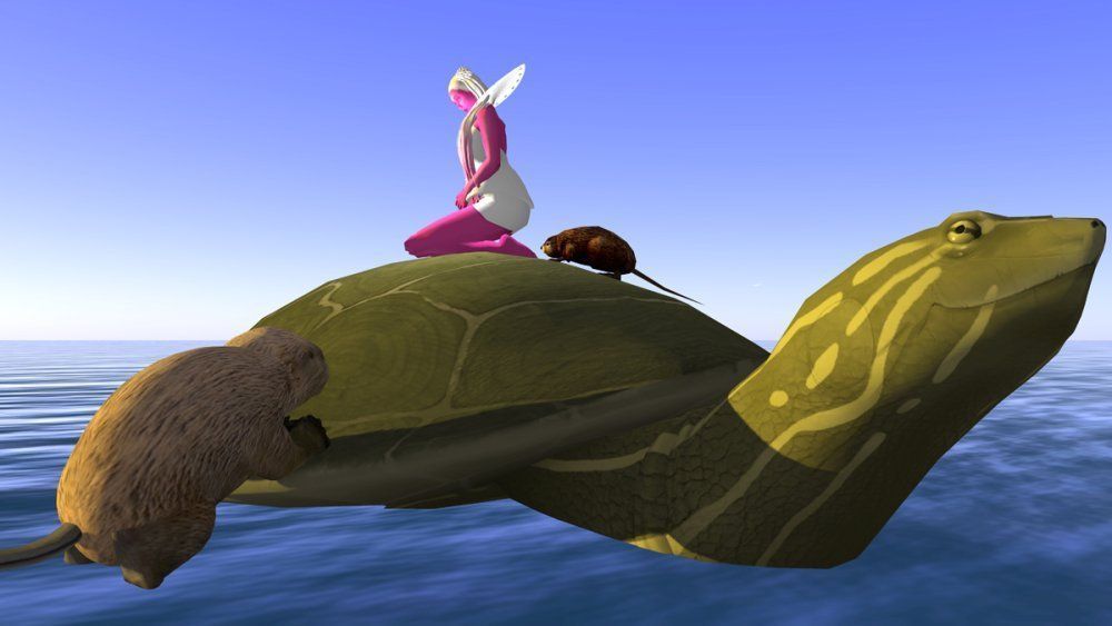 A digital artwork showing a large turtle swimming on the ocean's surface, carrying a pink humanoid fairy figure, a beaver, and a muskrat on its shell. The sky is clear blue, and the water is calm, evoking the imagery of the Indigenous Turtle Island creation story.