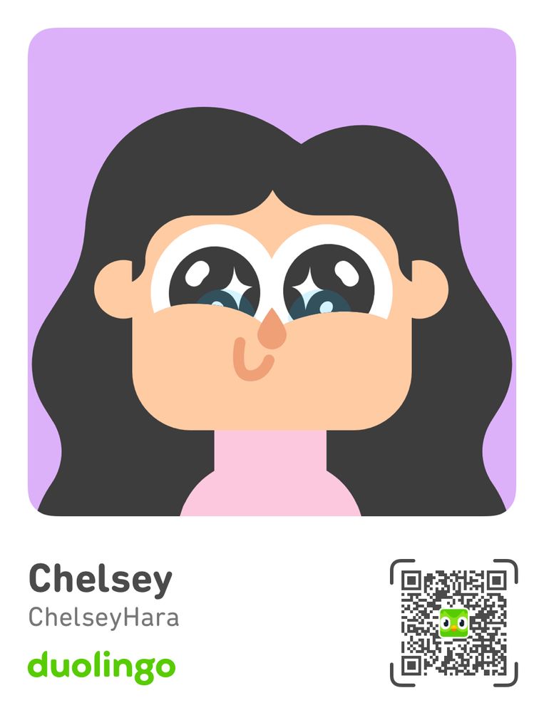 Alt text: A Duolingo profile card featuring a cartoon avatar with long black hair, large sparkling eyes, and a small smile, set against a purple background. The name on the card is “Chelsey” with the username “ChelseyHara.” The Duolingo logo appears at the bottom left, and there’s a QR code with the Duolingo mascot in the bottom right corner.