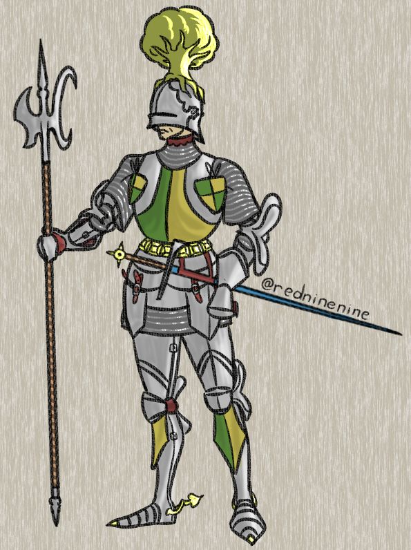 A knight with white armour. He wears green and yellow colours on top. On his helmet sits a tree-shaped ornament. His weapons are a halberd and a sword.