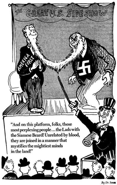 A political cartoon showing a man in an America First jacket and a man in a swastika jacket linked by their beards 