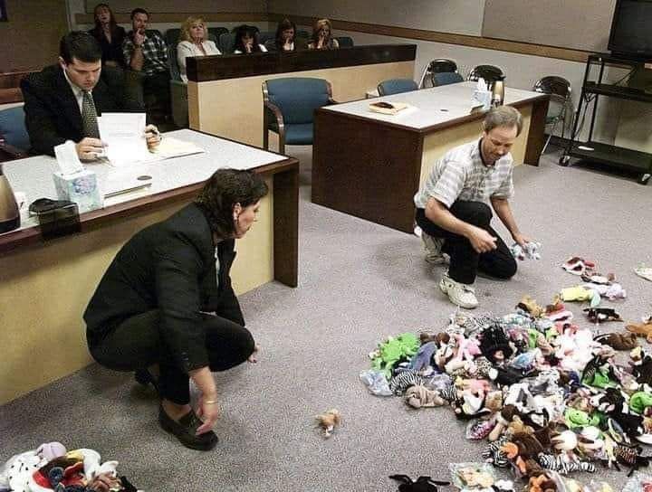 During a divorce hearing, a man and woman crouch on the floor of a courtroom. A massive pile of beanie babies sits between them as they sort through it, deciding who gets which ones. 