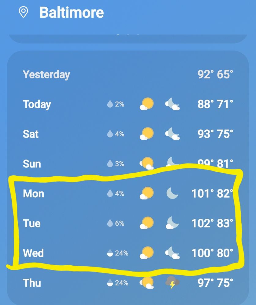 A 7-day look ahead for the weather in Baltimore City Maryland. The temps for Monday through Wednesday (June 23 through 25, 2025) are 100 degrees or higher.
