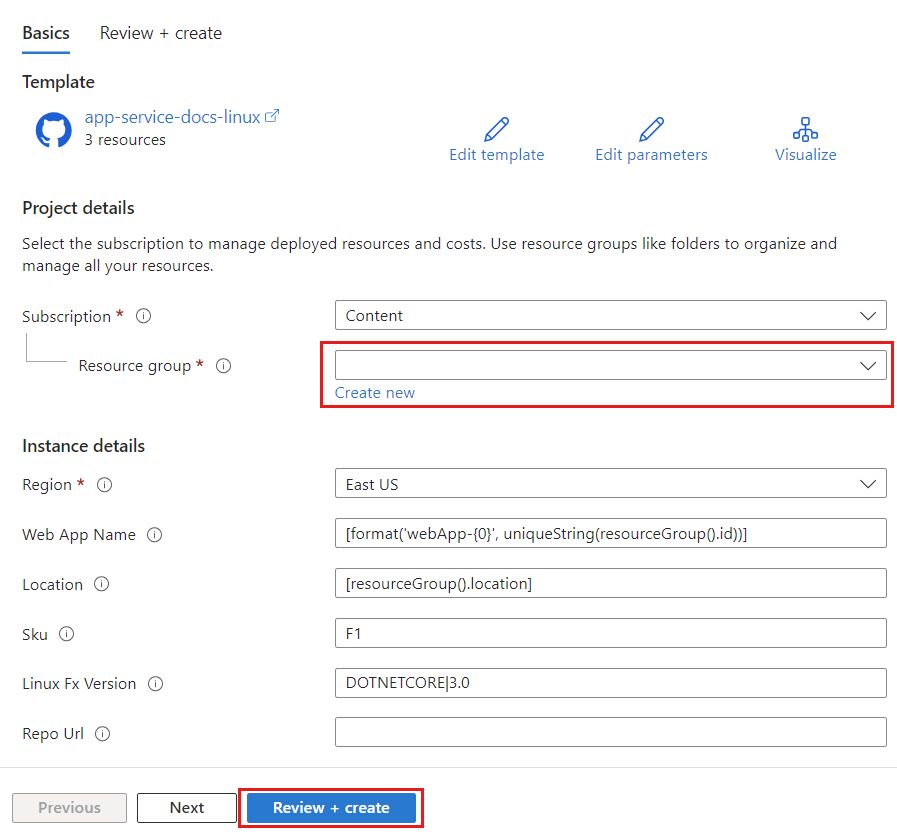 Screenshot of the ARM Template in the Azure portal.