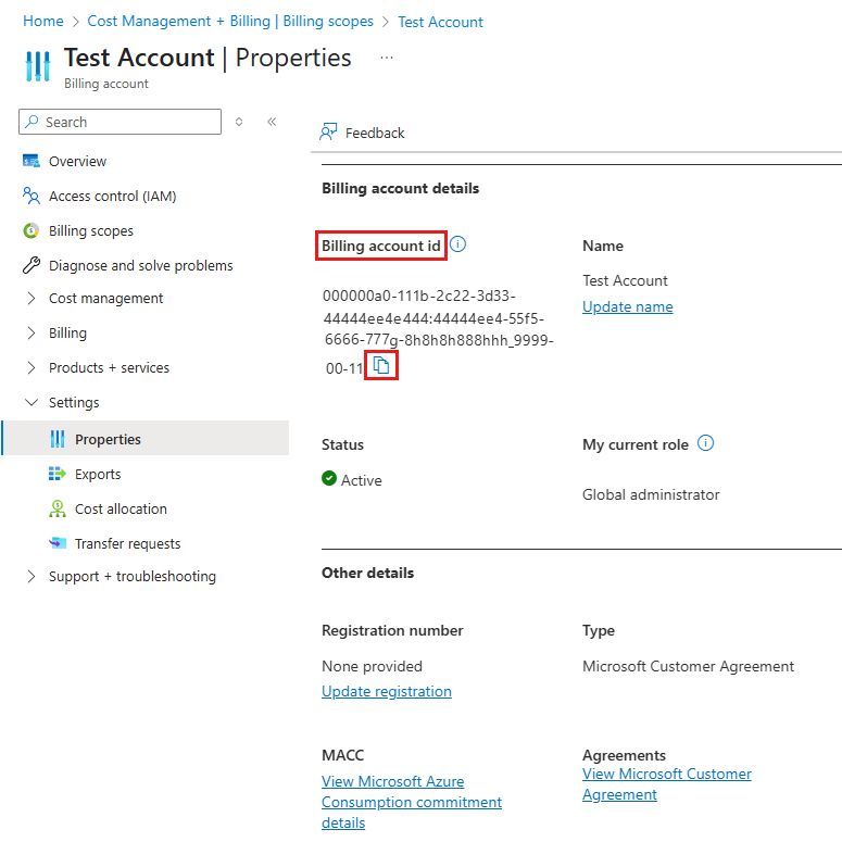 Screenshot of billing account ID highlighted in Cost management billing profile properties