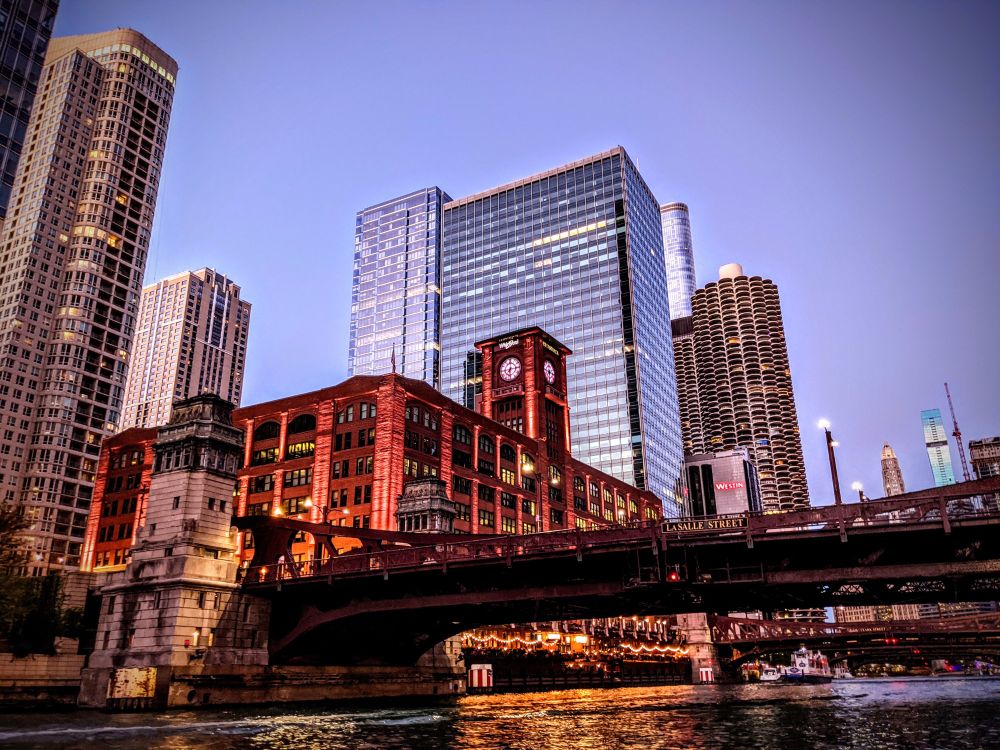 Photo I took of the Chicago River at dusk, gleaming with lights.