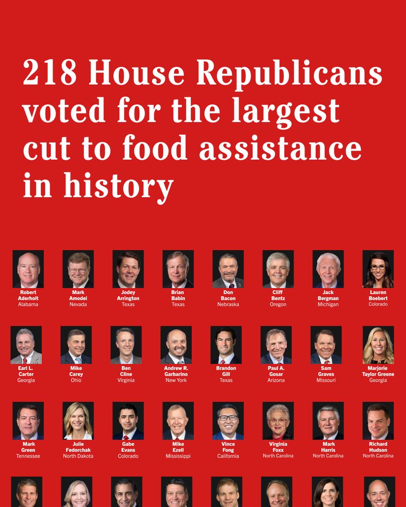 Graphic showing portraits of 218 House Republicans who voted for the largest cut to food assistance in history, labeled with their names.