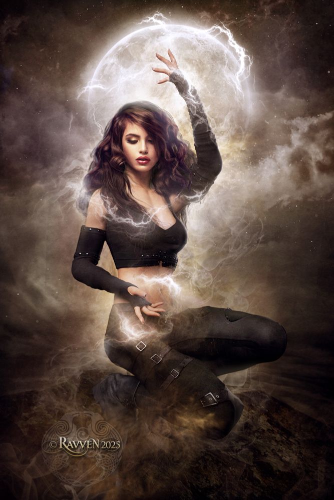 A woman posed against the full moon. She is channeling magic around her hands and into the sky.