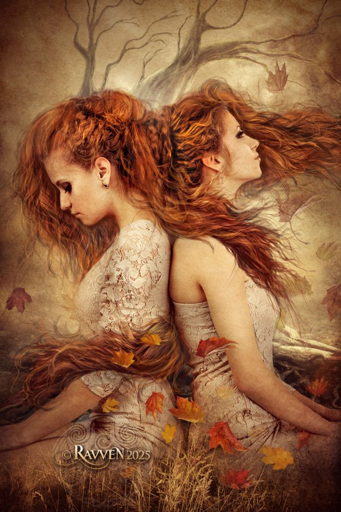 Image of two sisters with red hair sitting in the grass in front of a bare tree, autumn leaves blowing around them.