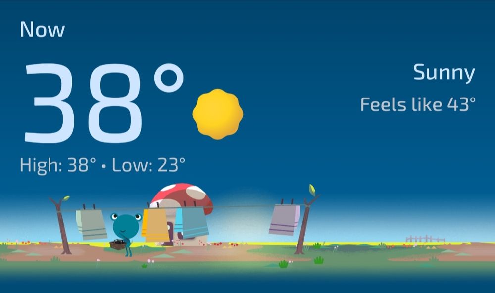Screenshot of google weather:
Now 38°C, feels like 43°C
High 38° • Low 23°