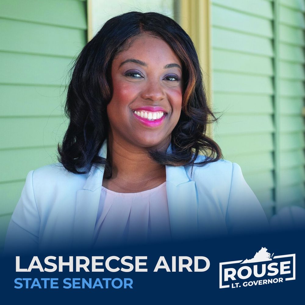 Graphic with a photo of Virginia State Senator Lashrecse Aird and the text "Lashrecse Aird, State Senator"