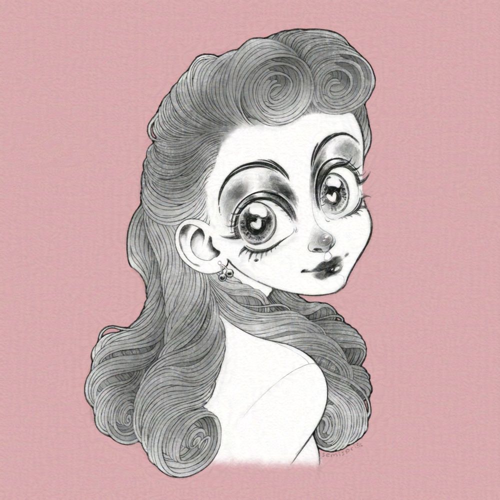 A pencil-styled digital illustration of MissLalaVT featuring large eyes, cherry earrings, and highly detailed hair ringlets reminiscent of Art Nouveau or Junji Ito. Miss Lala looks back at the viewer with hearts in her eyes and a gentle smile.