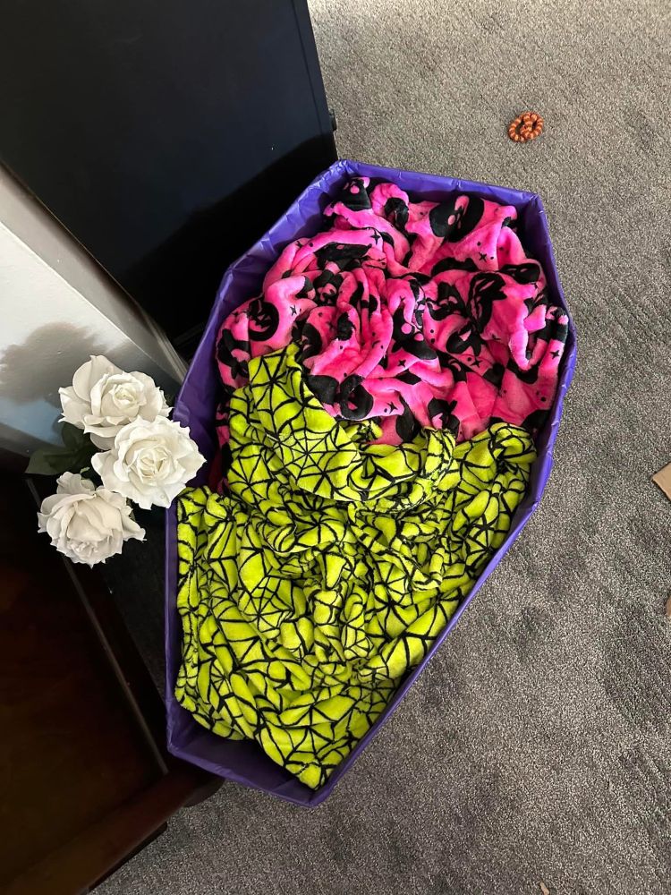 The “CATsket” cat bed shaped like a coffin and filled with Halloween blankets. 