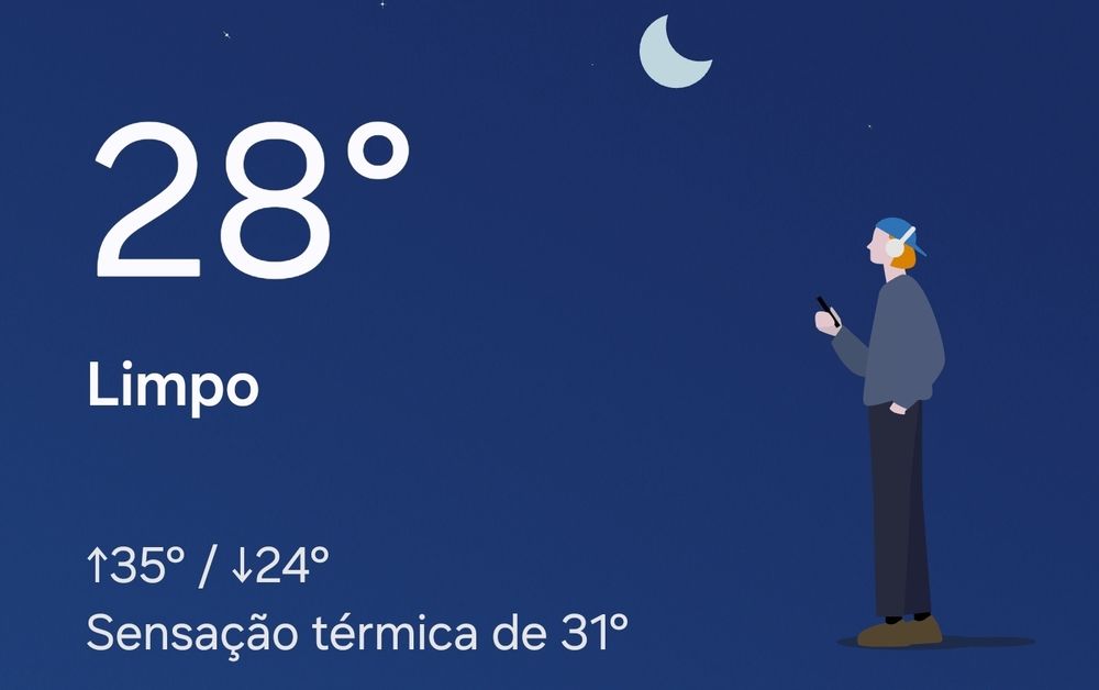 Template do Google informando a temperatura de 28ºC com sensação térmica de 31ºC.
