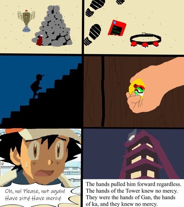 A bad comic I made where Ash is doomed to Catch Em All in a loop forever, in a parody of the ending to The Dark Tower