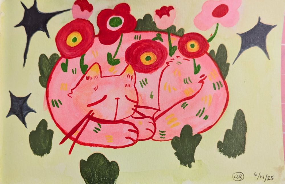 A watercolor painting of a pink cat sleeping in a green garden. The cat is curled into a ball with eyes closed, and has bright red and pink illustrated flowers growing out of it's back fur. There are large dark wonky and spikey stars surrounding the cat, as well as dark green tufts of grass.