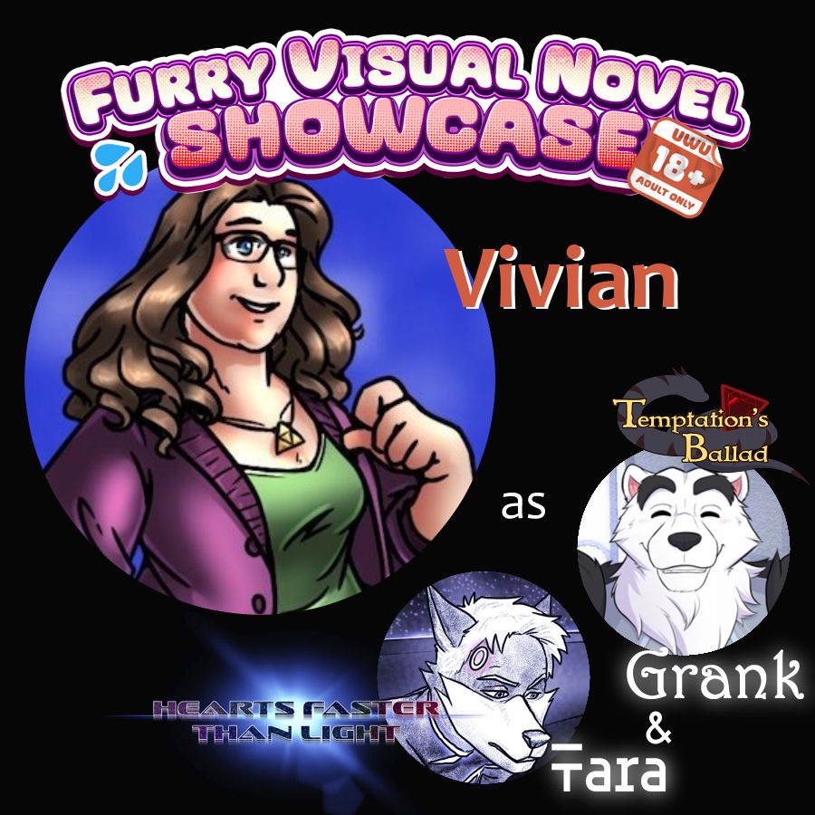 Furry Visual Novel Showcase 18+ Edition: Vivian playing the roles of Grank (Temptation's Ballad) and Tara (Hearts Faster Than Light). Vivian has long wavy brown hair, a green top with a purple button up cardigan, and a Triforce pendant.