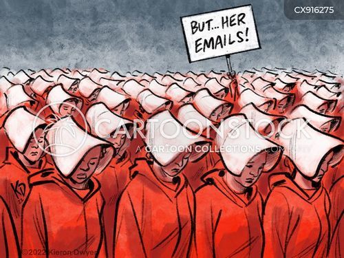 Herd of women in handmaid's red and white attire. One person in the crowd holds up a sign, "But... Her emails!"