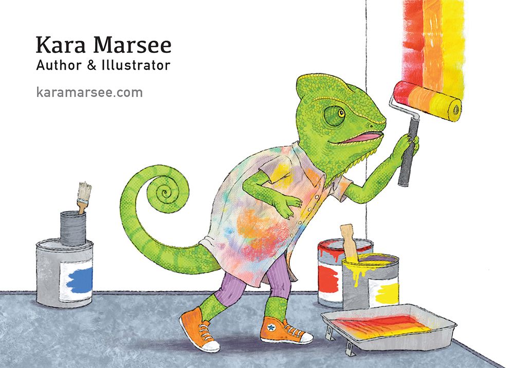 Chameleon wearing orange high tops and paint smock, painting a white wall with red, orange and yellow on a single roller brush. Paint tray has red, orange and yellow and paint buckets on floor.