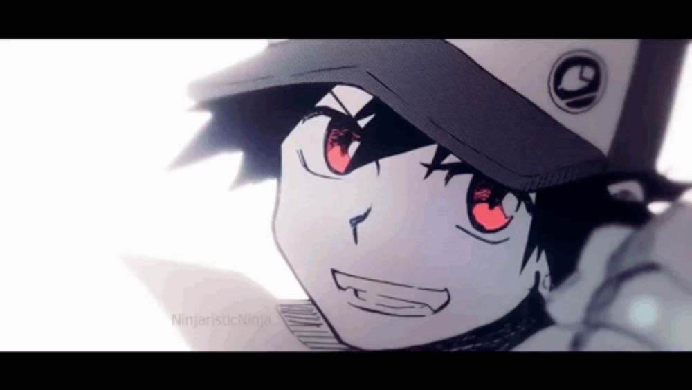 a drawing of a boy with red eyes and a hat with the letter g on it