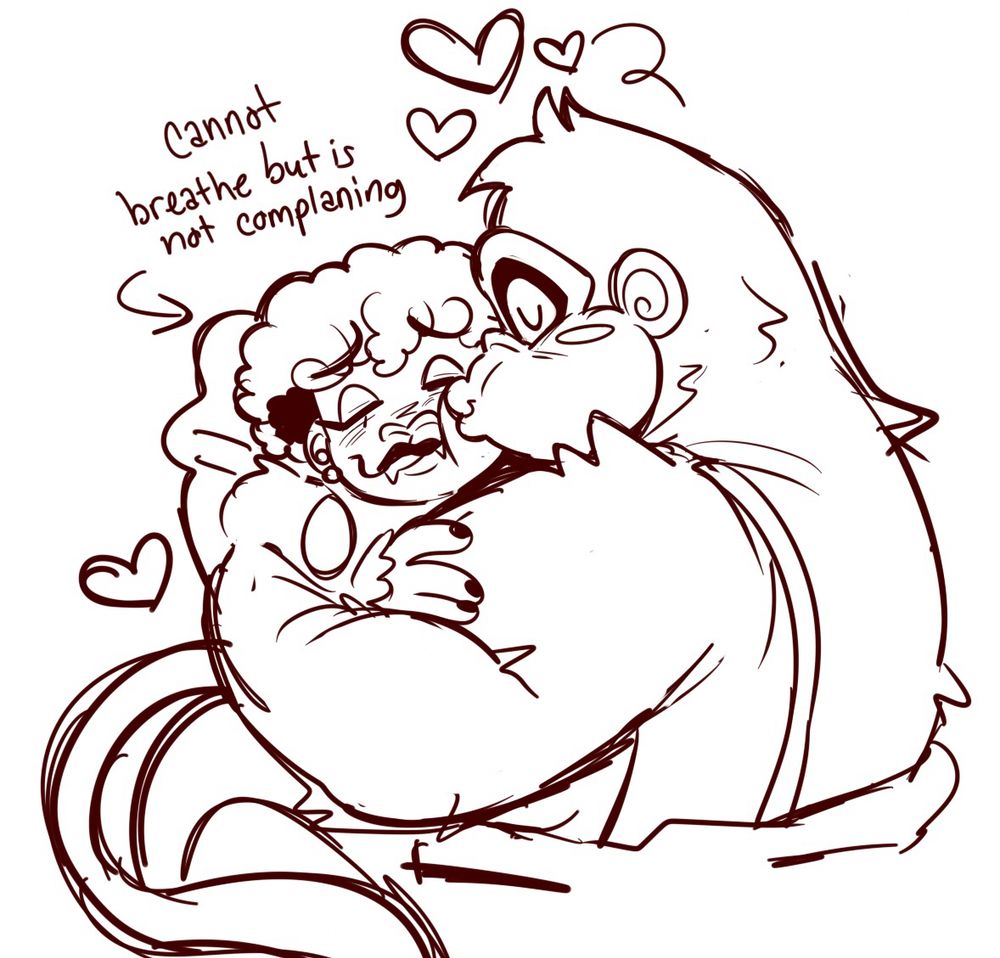 simple doodle of DK smooching Freddie on the cheek, him wrapped up tight in his big arms, Freddie looks a bit out of breath, yet happy. There’s text above him with an arrow pointing to him that says: “cannot breathe, but is not complaining.”