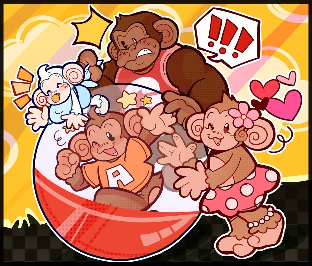 redraw of a classic era super monkey ball official art. aiai is inside the monkey ball smiling and waving at the camera, meemee is pushing the monkey ball from behind while baby and gongon balance on the top, gongon frantically grabbing baby by the back of his bib so he doesn’t fall. (there is an alternate background resembling the black and yellow banana mania menus.)