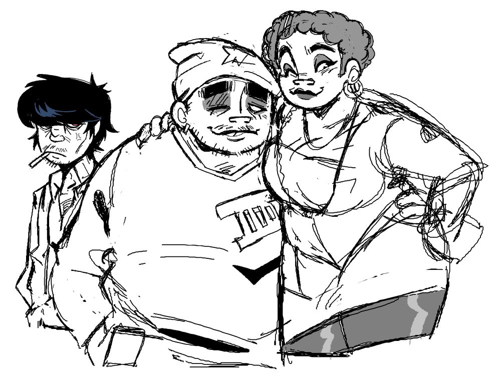 self ship doodle with my Gorillaz sona, Freddie leans on russel with his hand on his shoulder looking off screen, russel has a hand on his waist smiling contently at his girlfriend. Murdoc flowers behind him with a cigarette in his mouth, annoyed by their affection in front of him. 