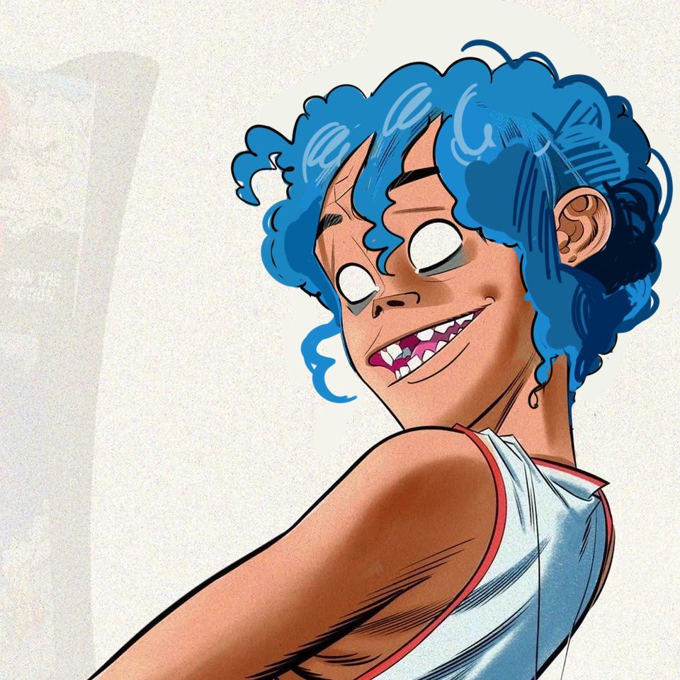 edit of official art of 2D (Stuart Pot) from gorillaz, based from the pac-man music video. his skin is edited a bit tanner and his hair is made more curly and textured.