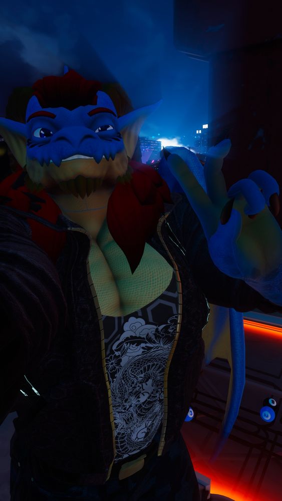 Blue dragon playing Billiards at a night club, giving the peace sign