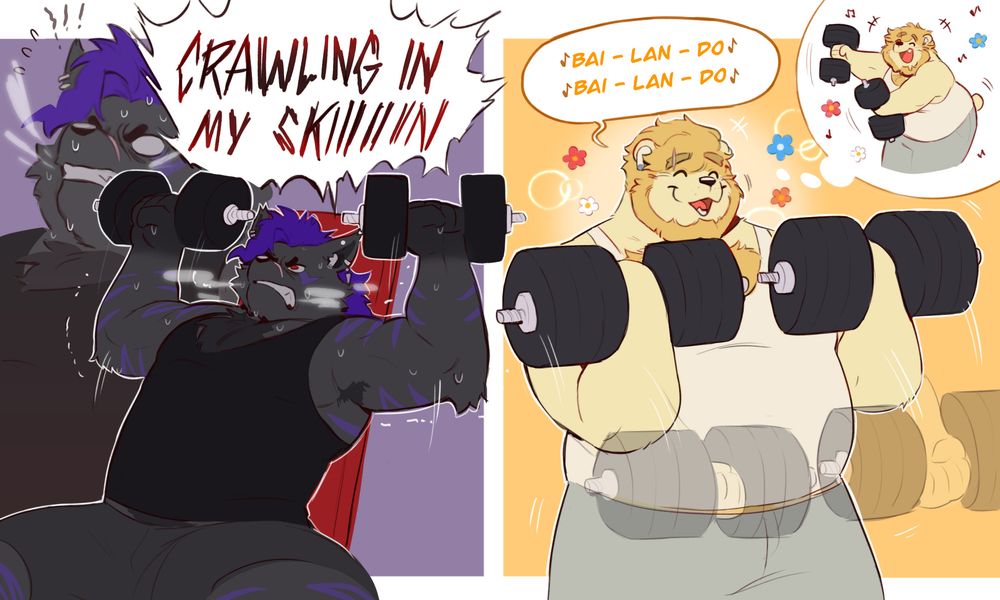 An artpiece depicting the characters Night (a purple-haired, black-furred hyena) and Day (a gold-furred, blonde kermode bear). On the left, Night is sitting on a workout bench, shoulder-pressing a pair of dumbbells. He is sweating and grimacing, working hard to lift the weights. In his ears, the lyrics "CRAWLING IN MY SKIN" are blasting loudly. On the right, Day is bicep curling a pair of larger weights. He is cheerfully smiling, while the lyrics "Bai-lan-do, bai-lan-do" play in his earbuds. In contrast to Night, Day is having a much easier time lifting his weights.