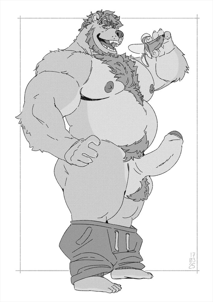 A black and white sketch of the anthro bear Day standing in side profile. His grey sweatpants are pulled down and his big, uncut and upwardly curved cock is proudly presented. With another hand, he eats a banana, implying a link between the banana and his banana-shaped dick.