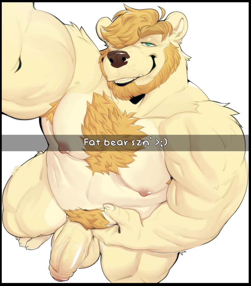 An anthropomorphic gold-furred kermode bear takes a selfie of himself with a top-down perspective. He is naked, showing off his dense, hairy chest, belly, thick muscular arms and thighs. His large, very thick, uncut penis is hanging in between his thighs. He is smiling smugly at the camera, while his wavy blonde hair covers one of his green eyes. A snapchat-like bar of text reads: "Fat bear szn' >;)"